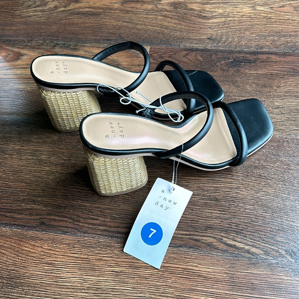 a new day Miley Sandal Black Tan | NEW | Heeled Sandal With Woven Heel | Sandal